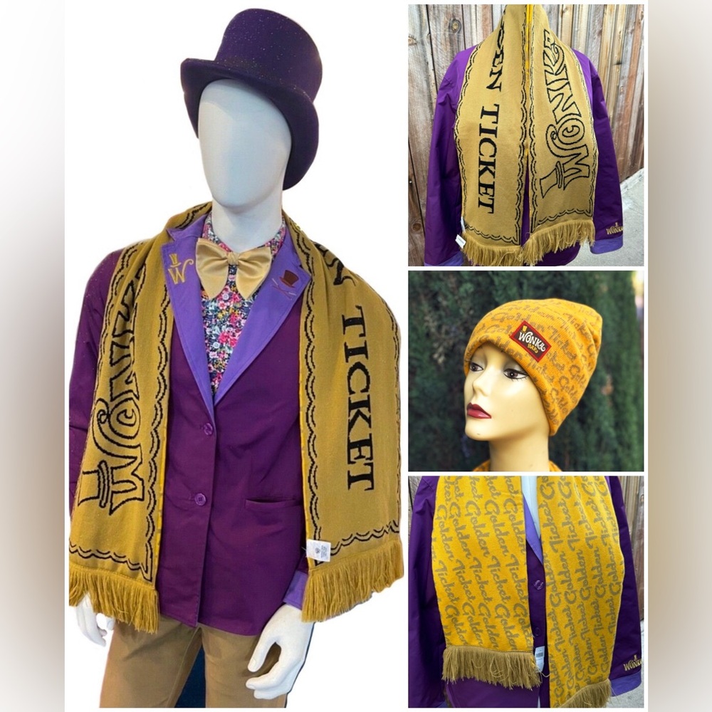 Willy Wonka Golden Ticket Knit Scarf & Beanie Hat SET Warner Bros Studio Costume